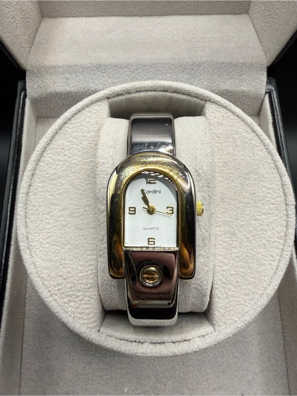 Cardini Womens Two Tone Bangle Watch 21.6mm Silver Gold Oval Quartz Japan Tested
